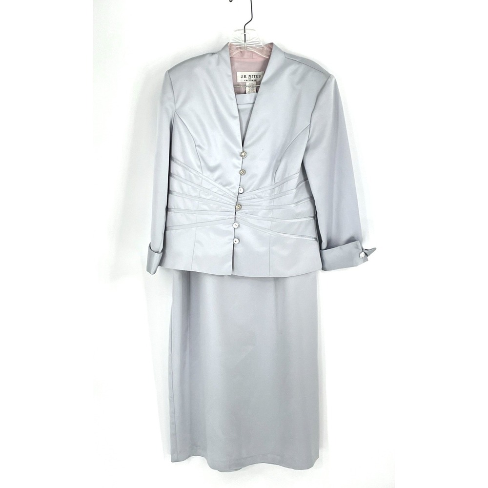 Vtg J.R. Nites by Caliendo Gray‎ Satin Skirt Rhinestone Jacket Y2K Size 12 USA